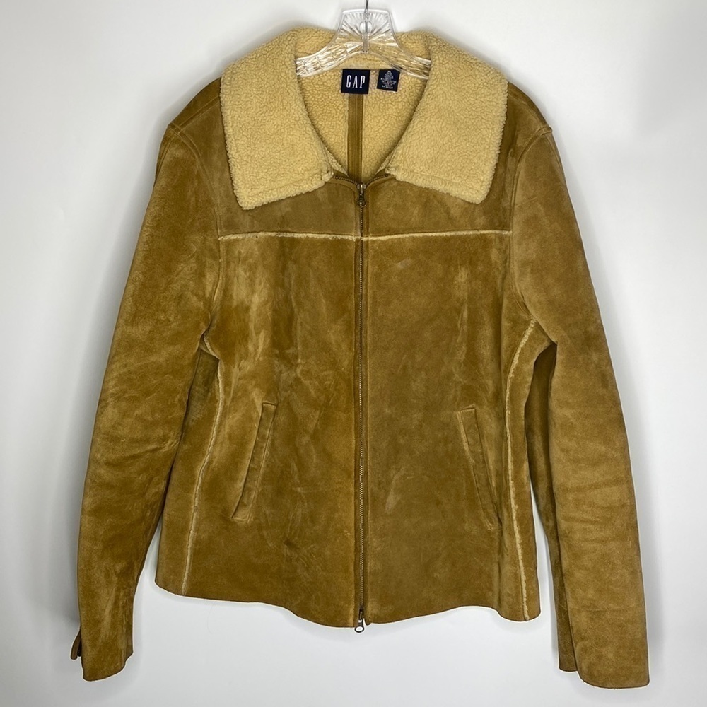 Vintage Gap Suede Shearling Lined Carmel Tan Leather Jacket Size XL Y2K